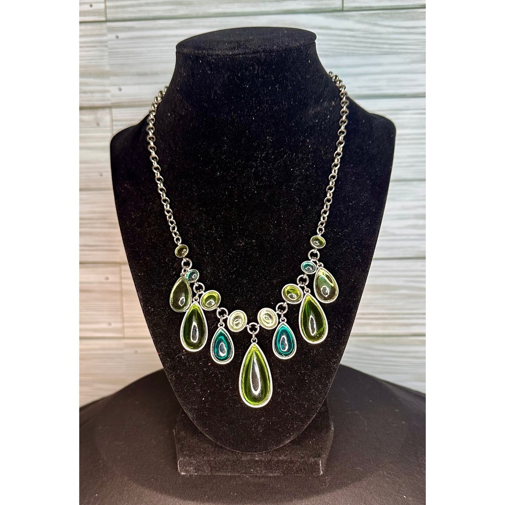 Napier Vintage Teardrop Bib Necklace Green Teal Silver Tone Excellent Statement